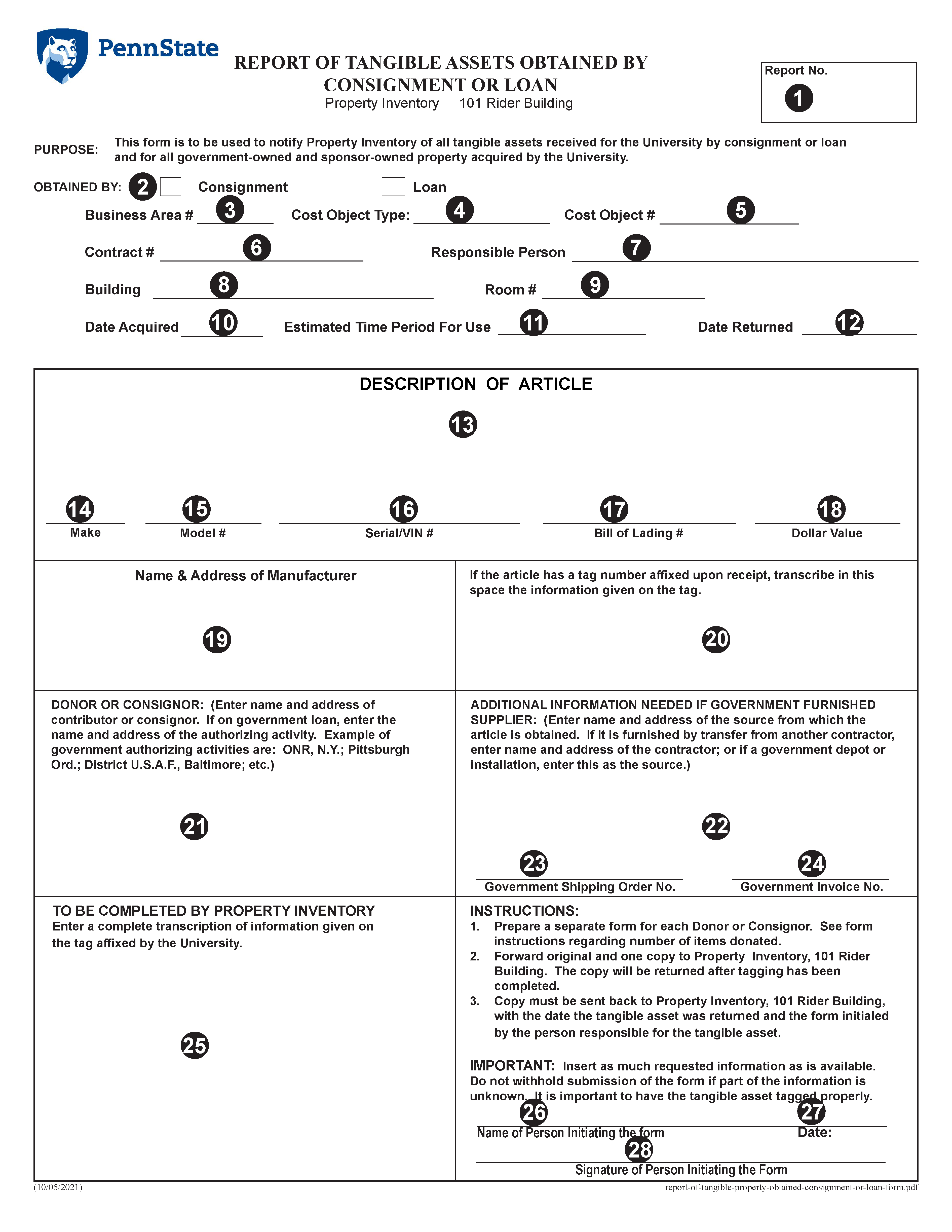 Image of Report of Tangible Property Consignment or Loan Form